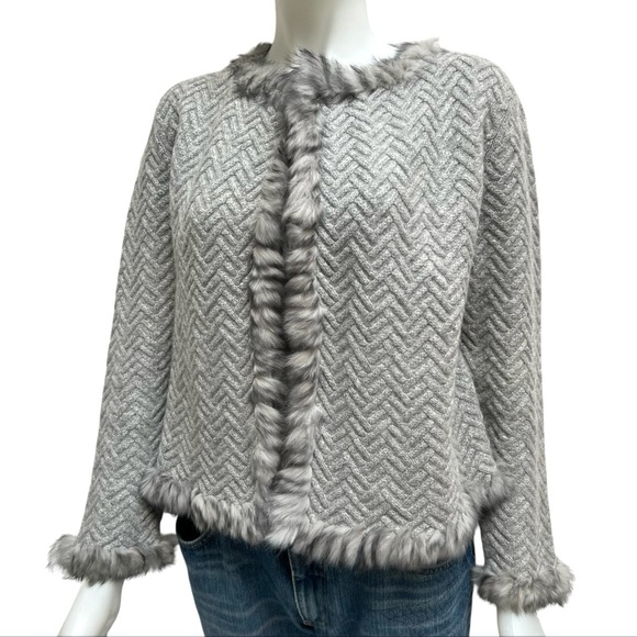 Penny Lane Fur Trim Wool Angora Cable Knit Women Cardigan Sweater Cottage Core - Picture 13 of 16